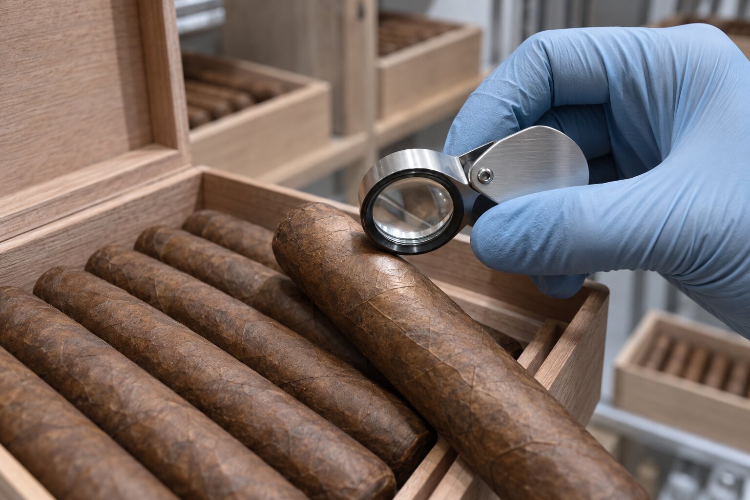 Gloved hand holding a loupe over an unbanded cigar in an open box on a humidor shelf, checking for beetle damage.