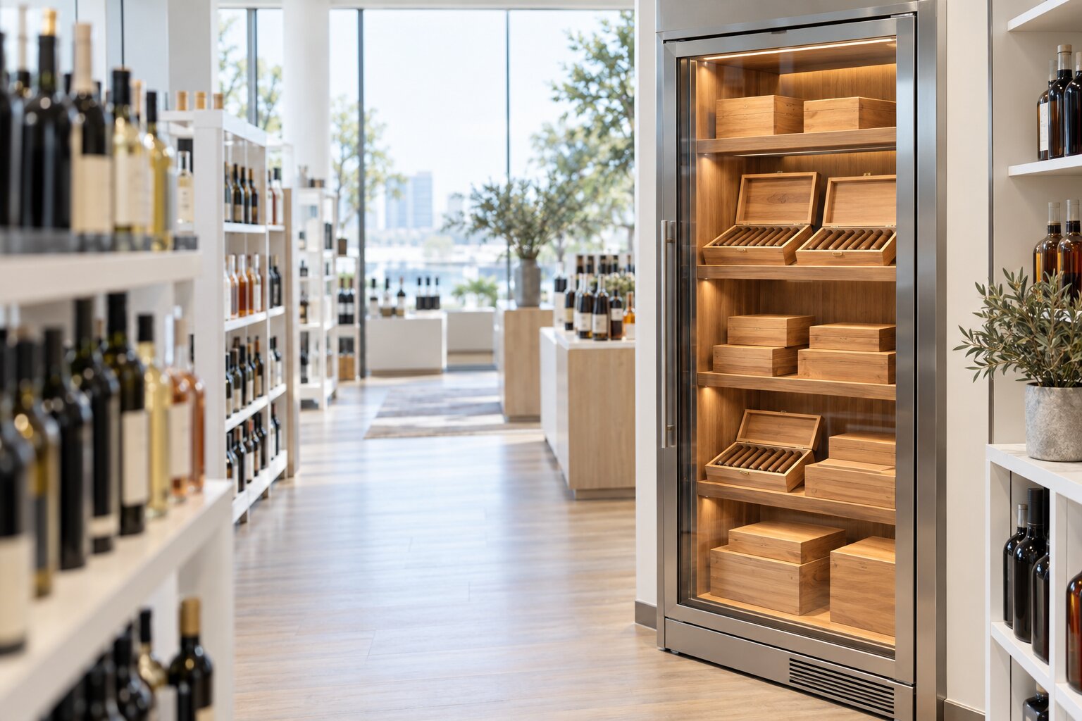 Glass-front cabinet humidor with cedar shelves and cigar boxes at the end of an aisle in a bright liquor store